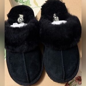 UGG Black Suede Fuzzy Slippers